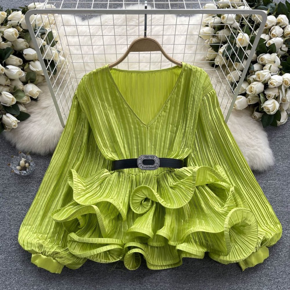Celebrity satin pleated long-sleeved temperament loose top women's ruffled lante